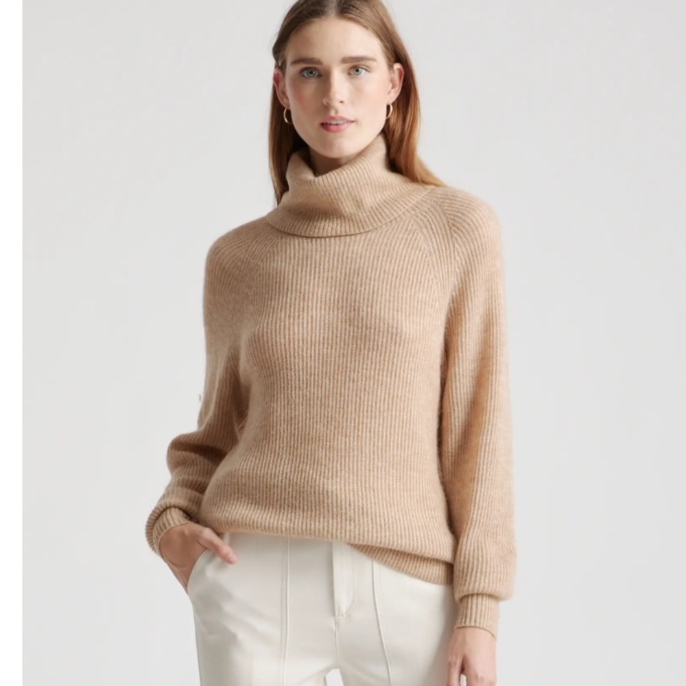 Quince Baby Alpaca Turtleneck Tan Oversized Super Soft Ribbed Sweater XS